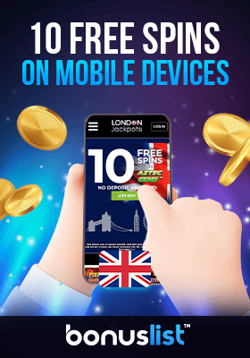 A hand is claiming 10 free spins with a mobile device