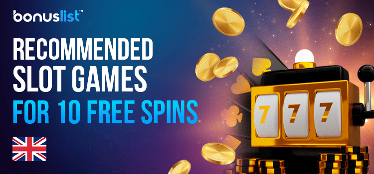 A golden slot machine with some gold coins and casino chips around it for recommended slot games for 10 free spins