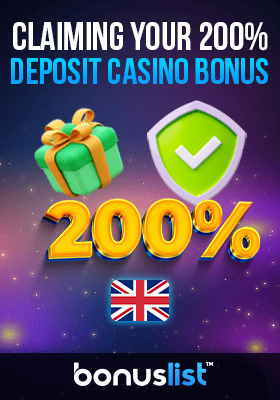 Two hundred percent sign, a gift box and a check mark for claiming your two hundred percent deposit casino bonus