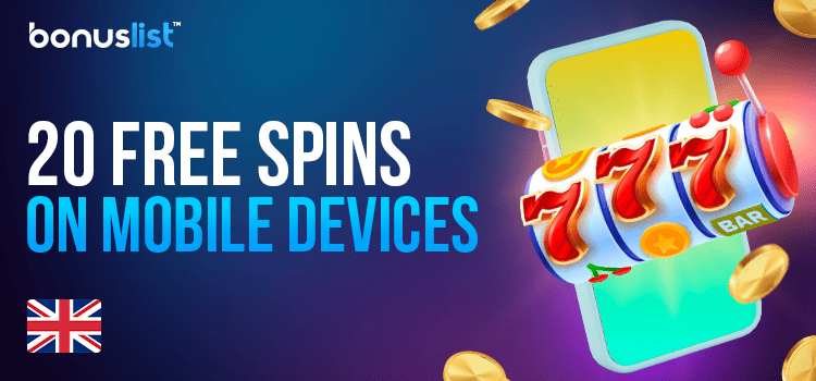 A casino reel on a mobile phone for 20 free spins on mobile devices