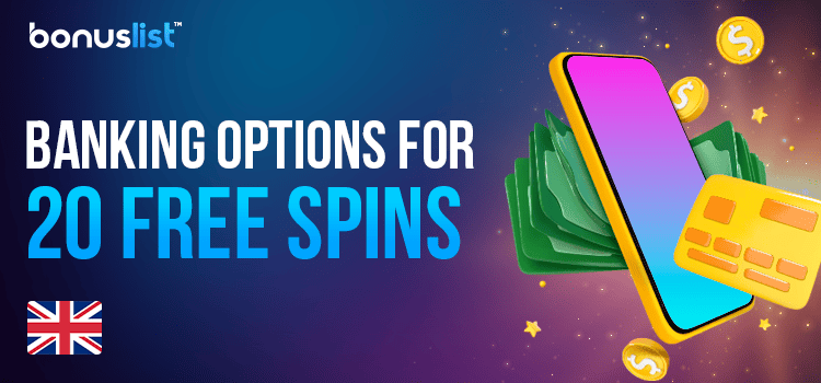 A bank card, cash and coins with a mobile phone for 20 free spins banking options