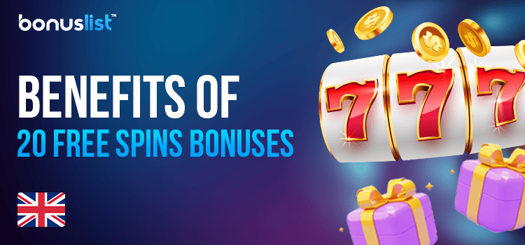 A golden casino reel and gift boxes for the benefits of 20 free spins bonuses