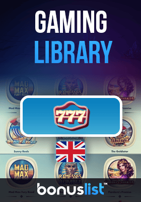 777 Casino gaming library screen with a UK flag