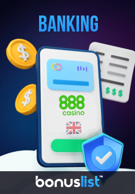 A mobile phone with the 888 casino app, gold coins and banking receipts for different payment options in the UK
