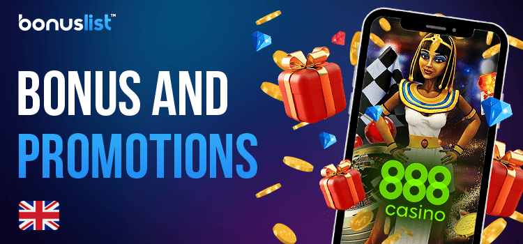 A mobile phone with the open 888 casino website and different bonus items for bonuses and promotions