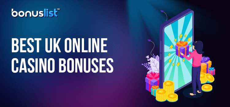 A girl is receiving a gift bonus pack from a giant mobile phone for the best welcome casino bonuses