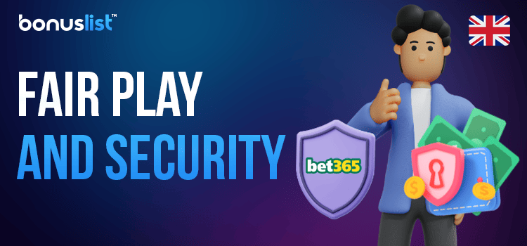 A security sign and a cartoon person is holding a moneybag with some cash coins and a lock sign for Bet365's FairPlay and security.