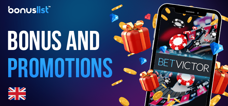 A mobile phone with the open BetVictor casino website and different bonus items for bonuses and promotions