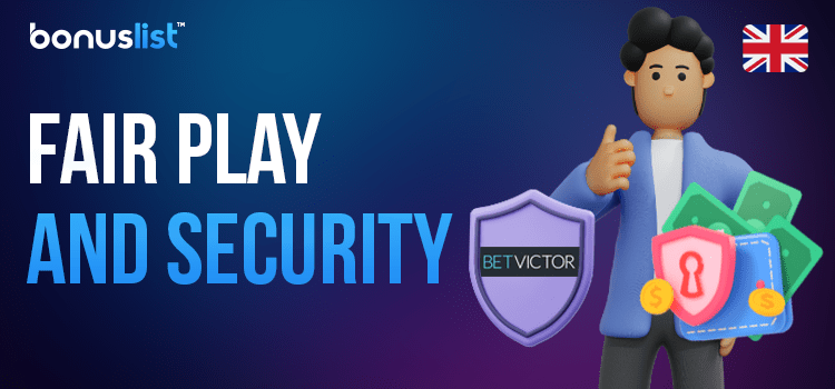 A person is showing thumbs-up with a money bag full of cash and a security logo for fair play and security of BetVictor casino