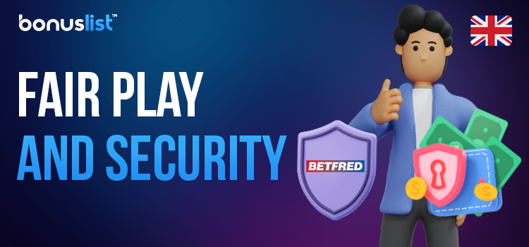 A person is showing thumbs-up with a money bag full of cash and a security logo for fair play and security of Betfred casino