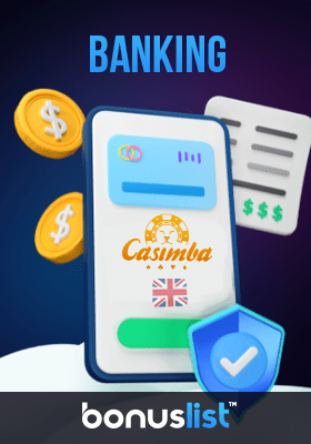 A mobile phone with the Casimba Casino app, gold coins and banking receipts for different payment options in the UK