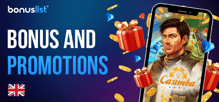 A mobile phone with the open Casimba Casino website and different bonus items for bonuses and promotions