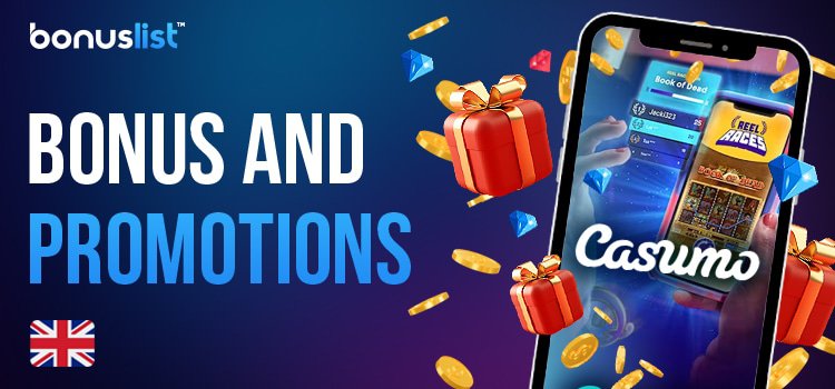 A lot of gold coins, diamonds and gift boxes with a mobile phone for Casumo Casino bonuses and promotions.