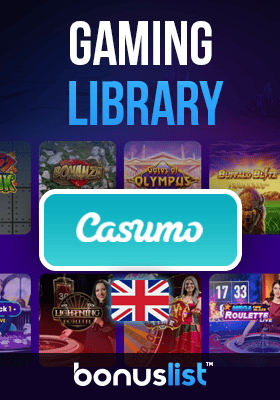 Casumo Casino gaming library screen with a UK flag