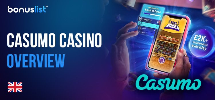 A person is playing games on a mobile phone and a bubble shows, 2k+ pounds tournaments every day for Casumo Casino Overview.