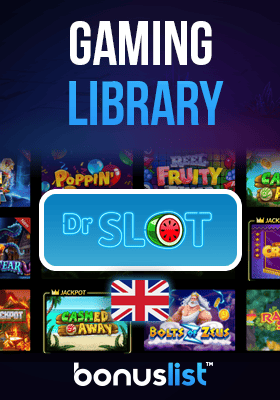 A lot of gaming options from the DrSlot webpage are shown with a UK flag