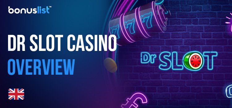 Casino slot with coins around, and DrSlot logo in the wall like it was a neon sign.