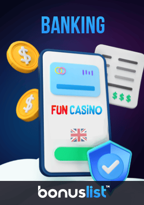A credit card in a mobile phone with a money receipt and gold coins for banking options in Fun Casino