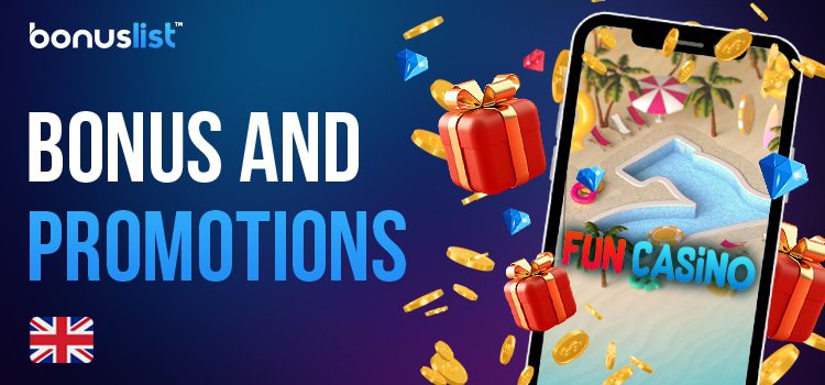 A mobile phone with Fun casino app, gift boxes, gold coins and diamonds for different kinds of Bonus and promotions in Fun Casino