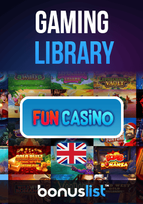 Fun Casino gaming library screen with a UK flag