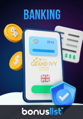 A credit card inside a mobile phone with some coins and banking receipts for banking options in Grand Ivy Casino