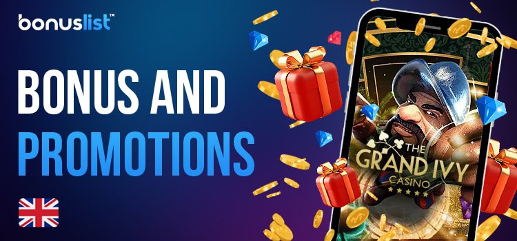 A mobile phone with the Grand Ivy casino app, gift boxes, gold coins and diamonds for different kinds of Bonus and promotions in Grand Ivy Casino