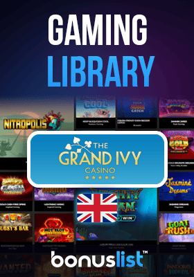 Grand Ivy Casino gaming library screen with a UK flag