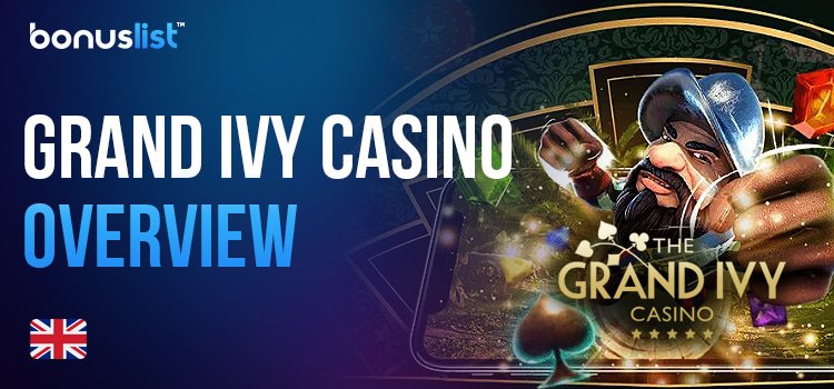 A warrior with a Grand Ivy casino logo and different gaming items for the casino overview
