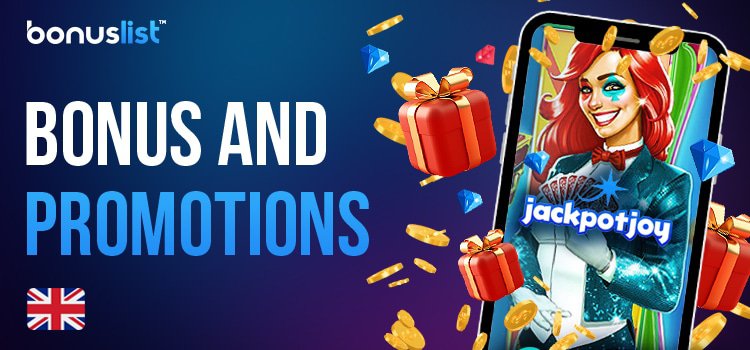 A mobile phone, gift boxes, gold coins and diamonds for different kinds of Bonus and promotions in JackpotJoy Casino