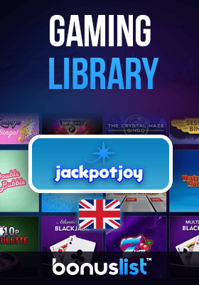 Jackpot Joy Casino gaming library screen with a UK flag