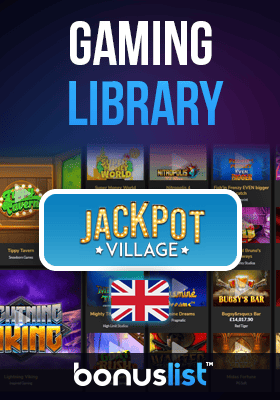 Jackpot Village Casino gaming library screen with a UK flag