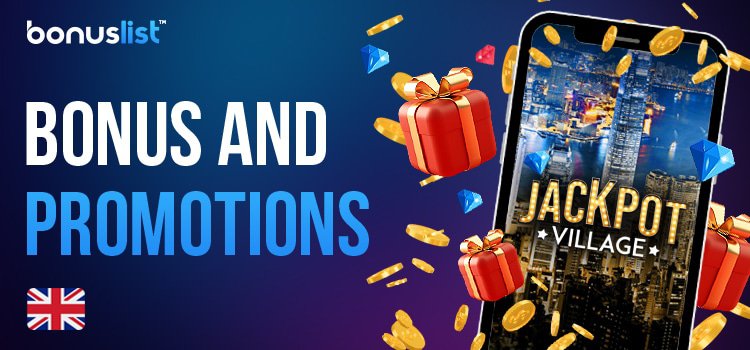 A mobile phone with Jackpot Village casino app, gift boxes, gold coins and diamonds for different kinds of Bonus and promotions in Jackpot Village Casino