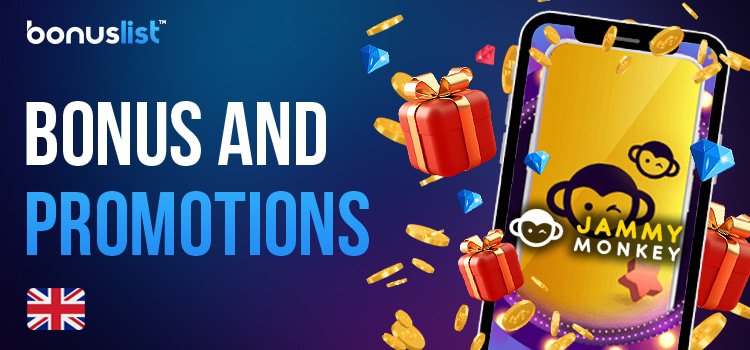 A mobile phone with Jammy Monkey casino app, gift boxes, gold coins and diamonds for different kinds of Bonus and promotions in Jammy Monkey Casino