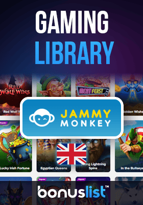 Jammy Monkey Casino gaming library screen with a UK flag