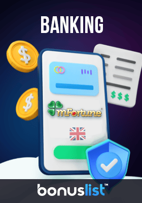 A credit card inside a mobile phone with some coins and banking receipts for banking options in MFortune Casino.