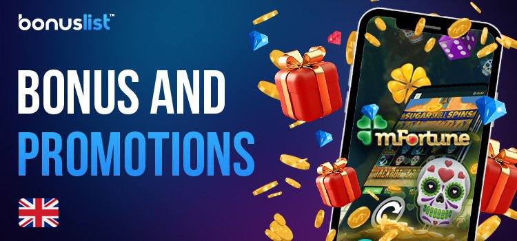 A lot of gold coins, diamonds and gift boxes with a mobile phone for MFortune Casino bonuses and promotions.