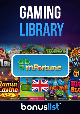 MFortune Casino gaming library screen with a UK flag