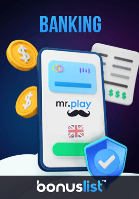 A credit card inside a mobile phone with some coins and banking receipts for banking options in Mr Play Casino.