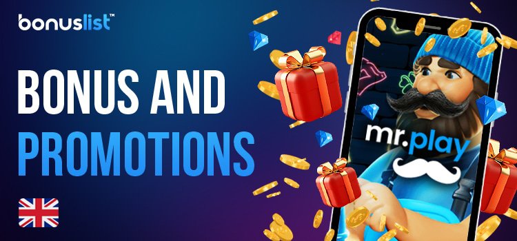 A mobile phone with Mr Play casino app, gift boxes, gold coins and diamonds for different kinds of Bonus and promotions in Mr Play Casino