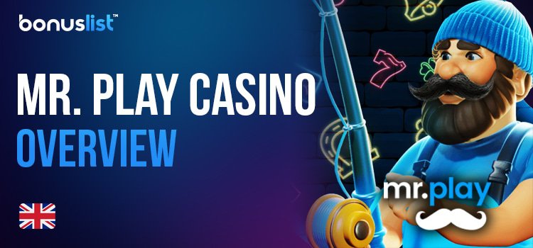 A person with a fishing rod and Mr Play casino logo for the casino overview