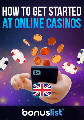 A hand is using a mobile phone and some coins and chips are around it describes how to get started at online casinos