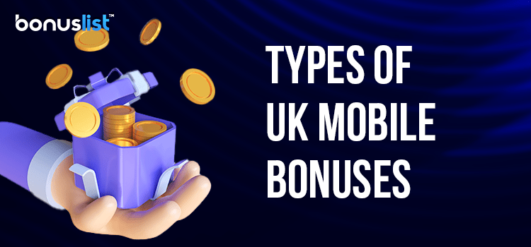 A hand is holding a box of gold coins for different types of mobile casino bonuses