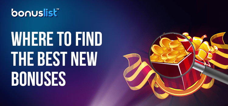 A gold coin gift box is being observed with a magnifying glass to find the best new bonuses