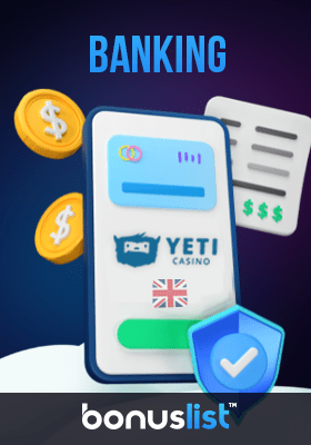 A mobile phone with the yeti casino app, gold coins and banking receipts for different payment options in UK