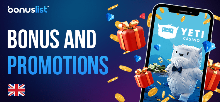 A mobile phone with the open yeti casino website and different bonus items for bonuses and promotions