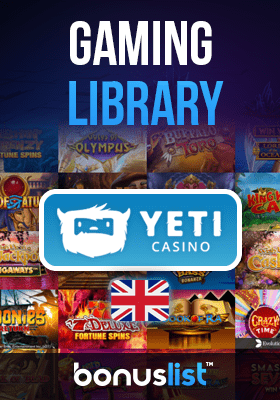 A big yeti casino logo with the available gaming library on their website