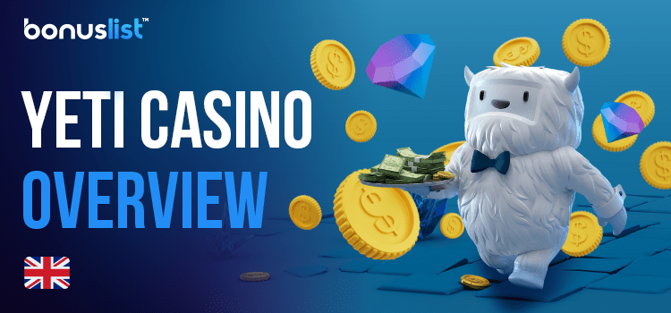 A yeti with cash on a plate, gold coins and diamonds tells about the Yeti Casino