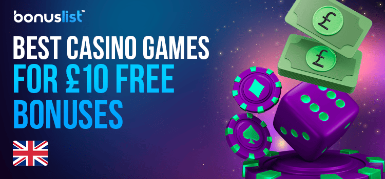 Some casino chips, dice and cash on a podium for best casino games for £10 free bonuses