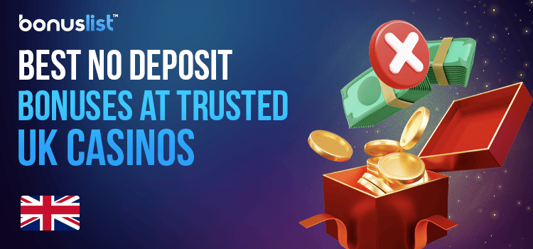A box of gold coins and cash with NO sign for the best no deposit bonuses at trusted UK casinos