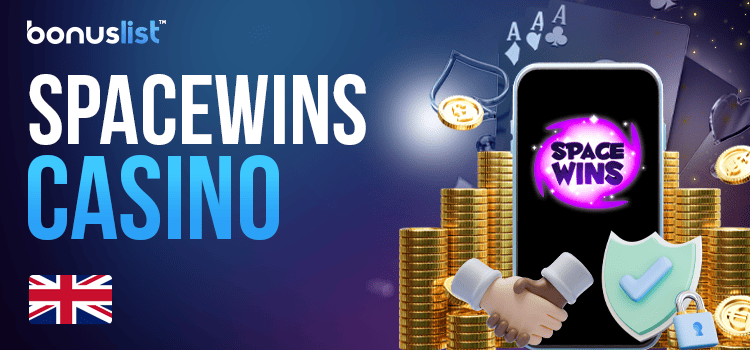 A mobile phone with gold coins, cards and security locks for the SpaceWins casino details and offers